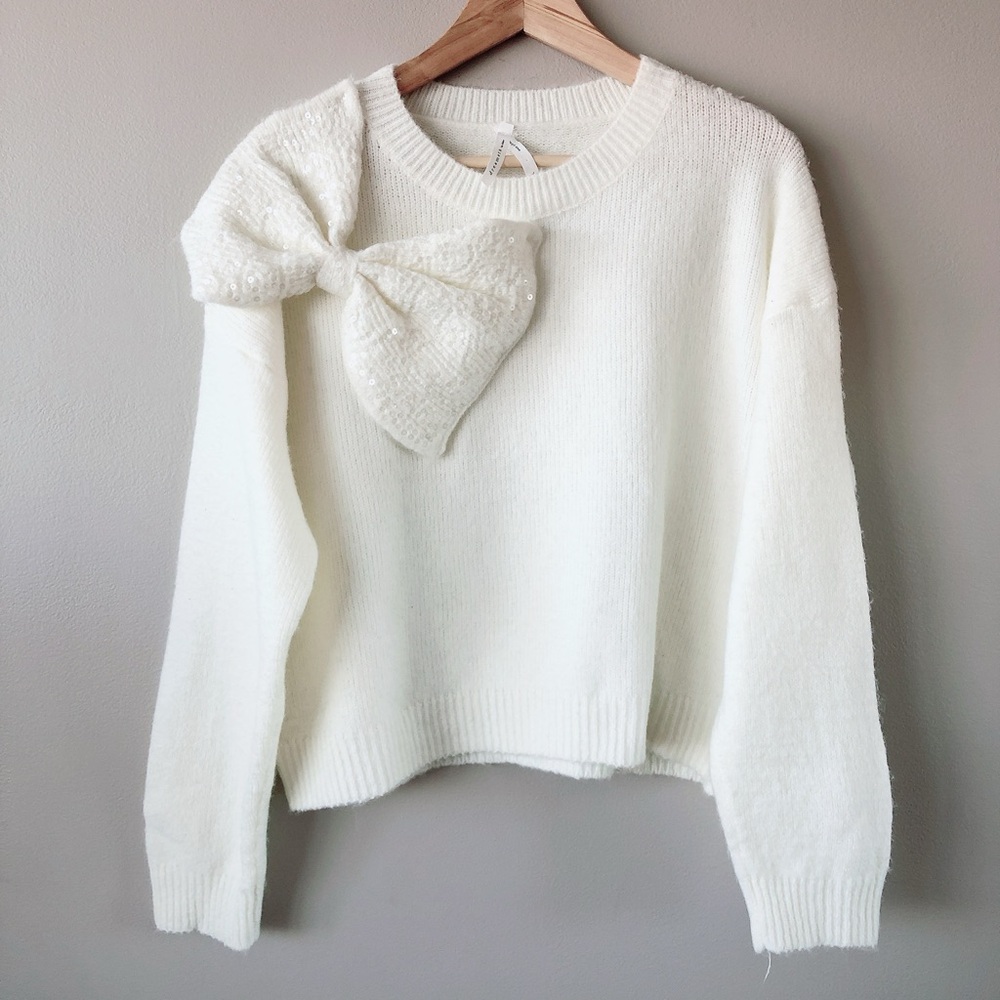 Dreamers Cream Sweater with Bow Detail large knit fuzzy sweater wool blend